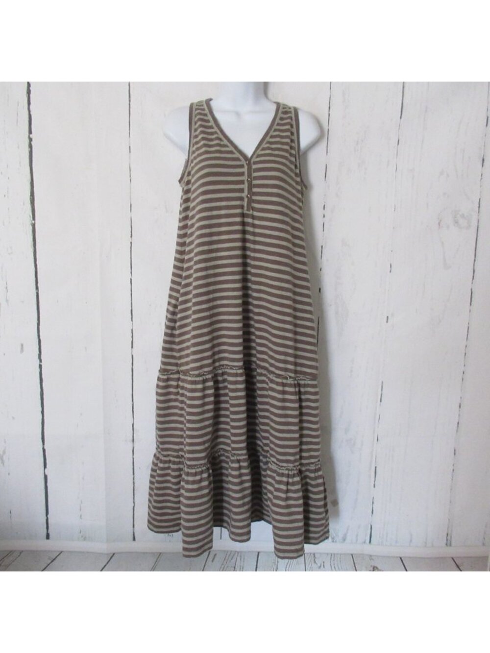 Pact Dress M Medium Green Stripe Tiered Ruffle Midi Sleeveless Organic Cotton